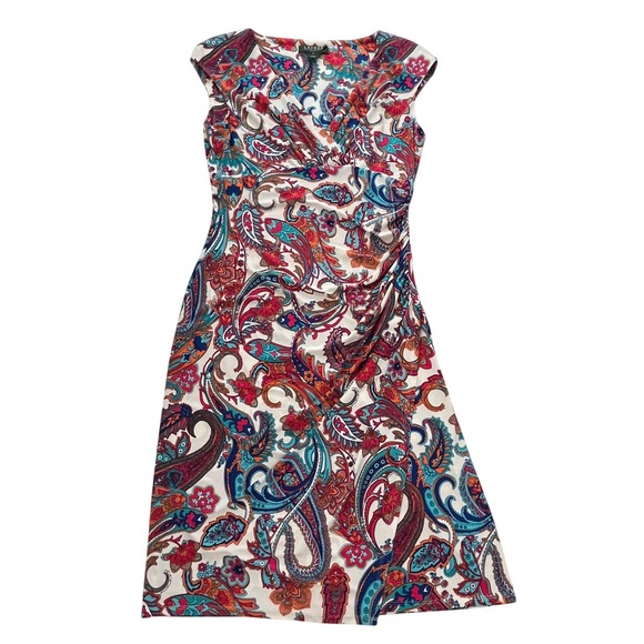 Lauren Ralph Lauren Paisley Sheath Dress Women Sz 6 Cap Sleeve Ruched Feminine - Picture 7 of 16